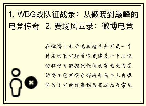 1. WBG战队征战录：从破晓到巅峰的电竞传奇  2. 赛场风云录：微博电竞俱乐部的荣耀征程  3. 电竞豪强崛起：微博战队的多彩冠军路