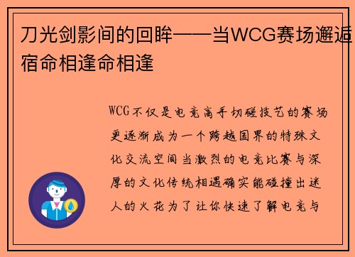 刀光剑影间的回眸——当WCG赛场邂逅宿命相逢命相逢